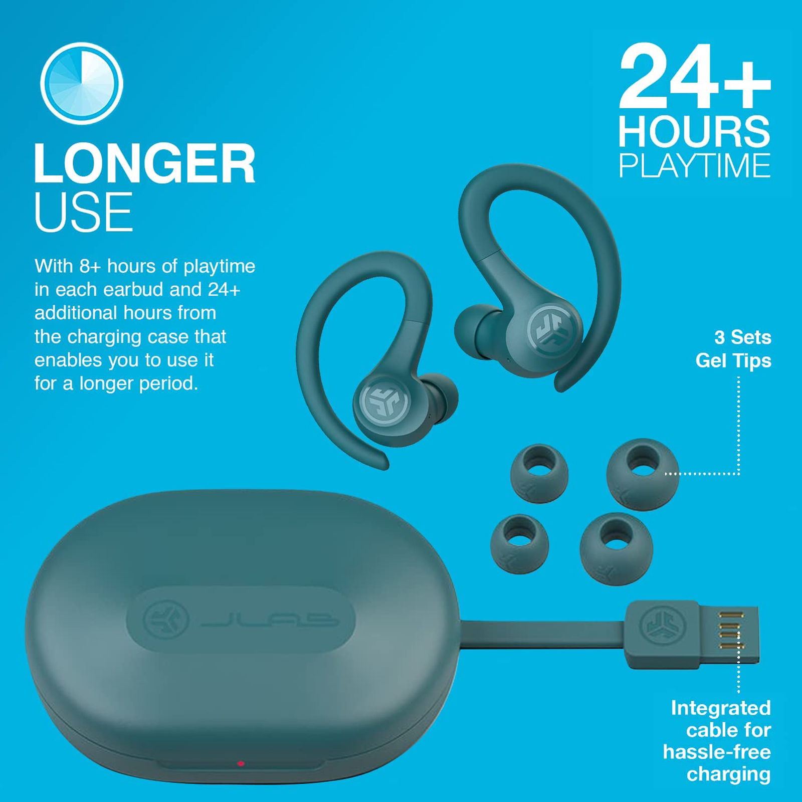 JLAB Go Air Sport IEUEBGAIRSPRTRTEL1 TWS Earbuds IP55 Water Sweat Resistant 32 Hours Playback Teal